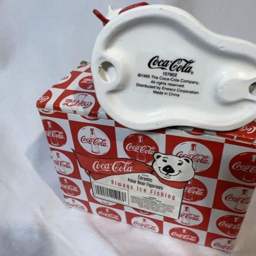 Coca-Cola Always Ice Fishing Ceramic Polar Bear‎ Figurine  - Vintage 1995